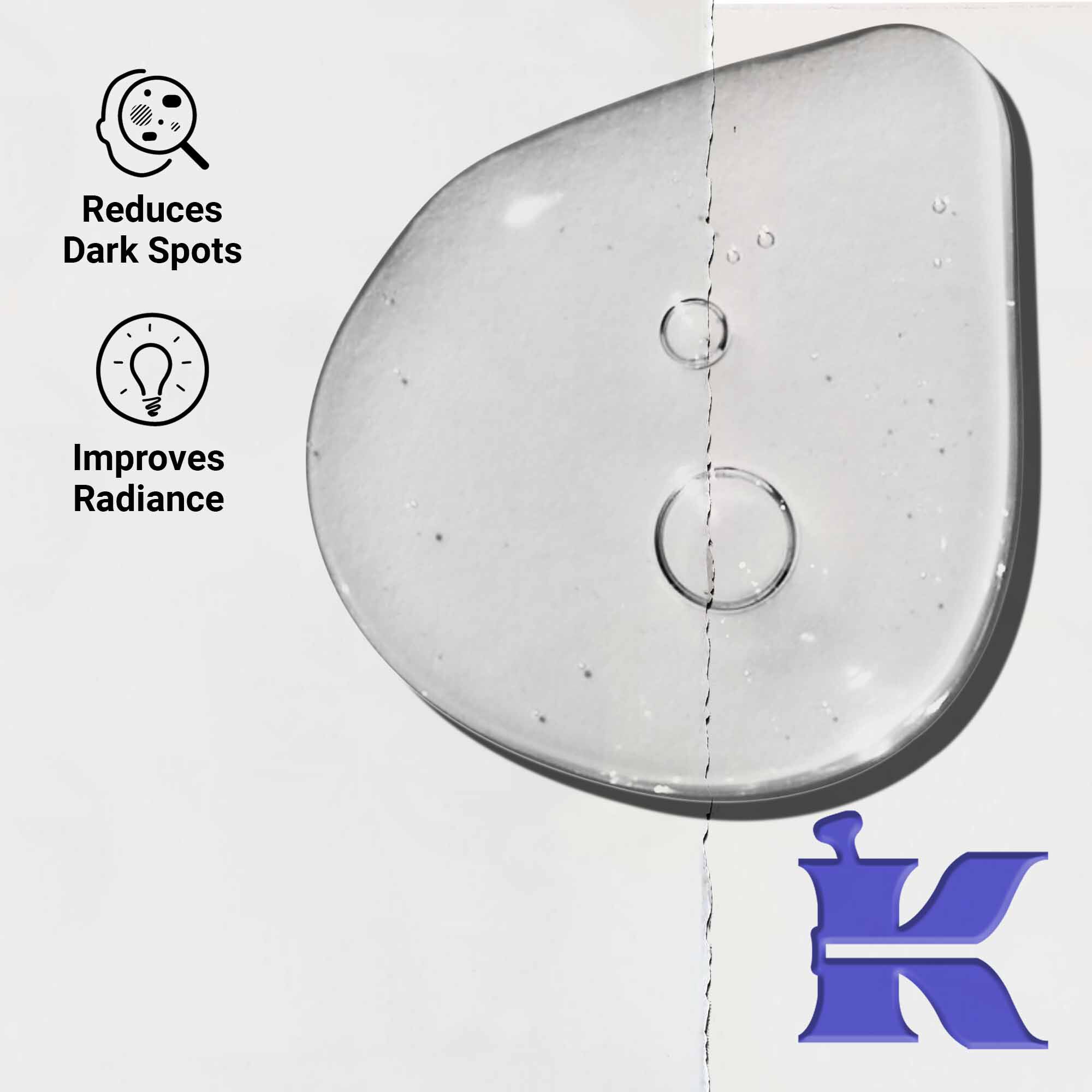 Close-up van de textuur van Clearly Corrective Dark Spot Solution met heldere vloeistofdruppels.