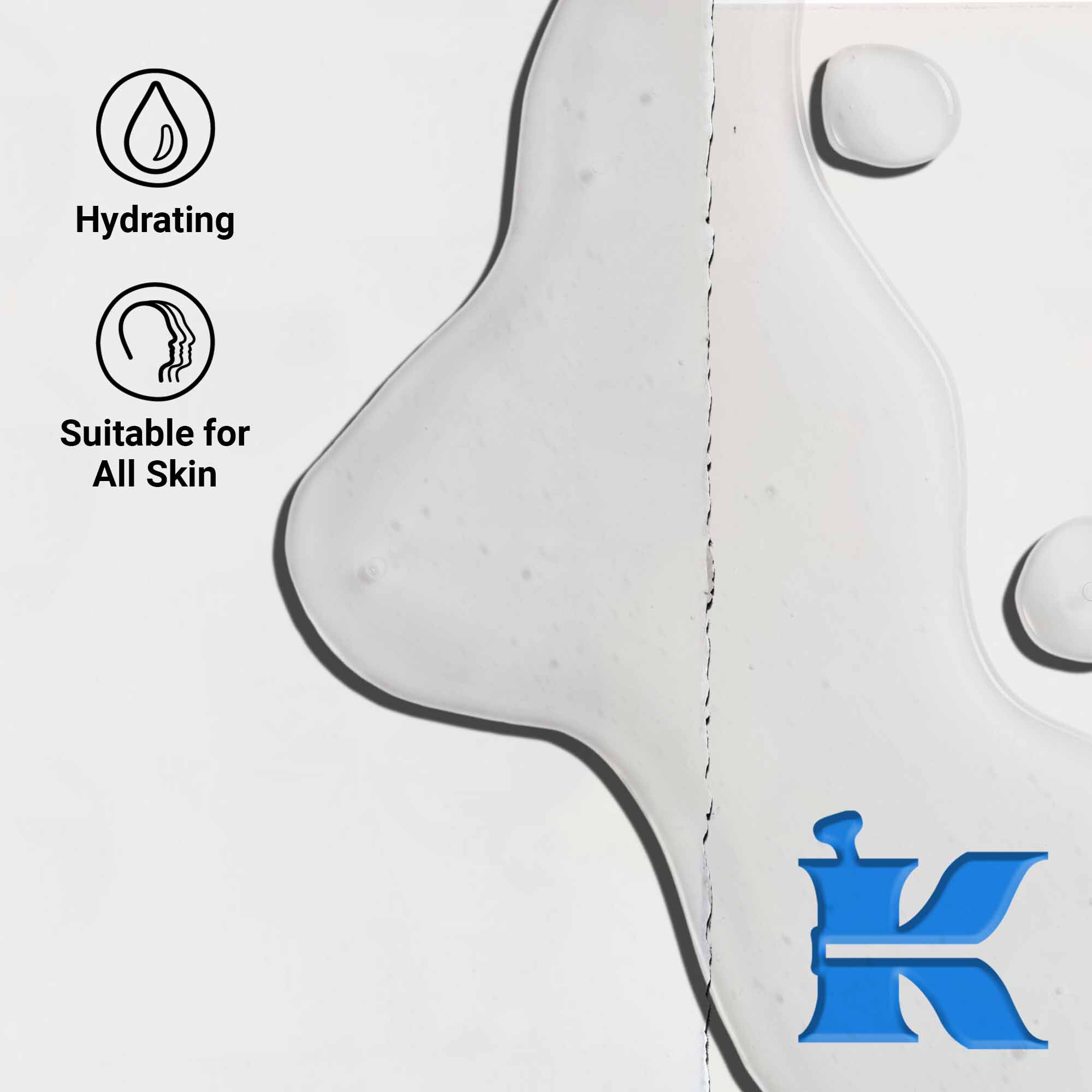 Close-up van de Ultra Pure 1.5% Hyaluronic Acid Serum textuur die heldere vloeistofdruppels toont. Tekst benadrukt hydraterende voordelen en geschiktheid voor alle huidtypes.