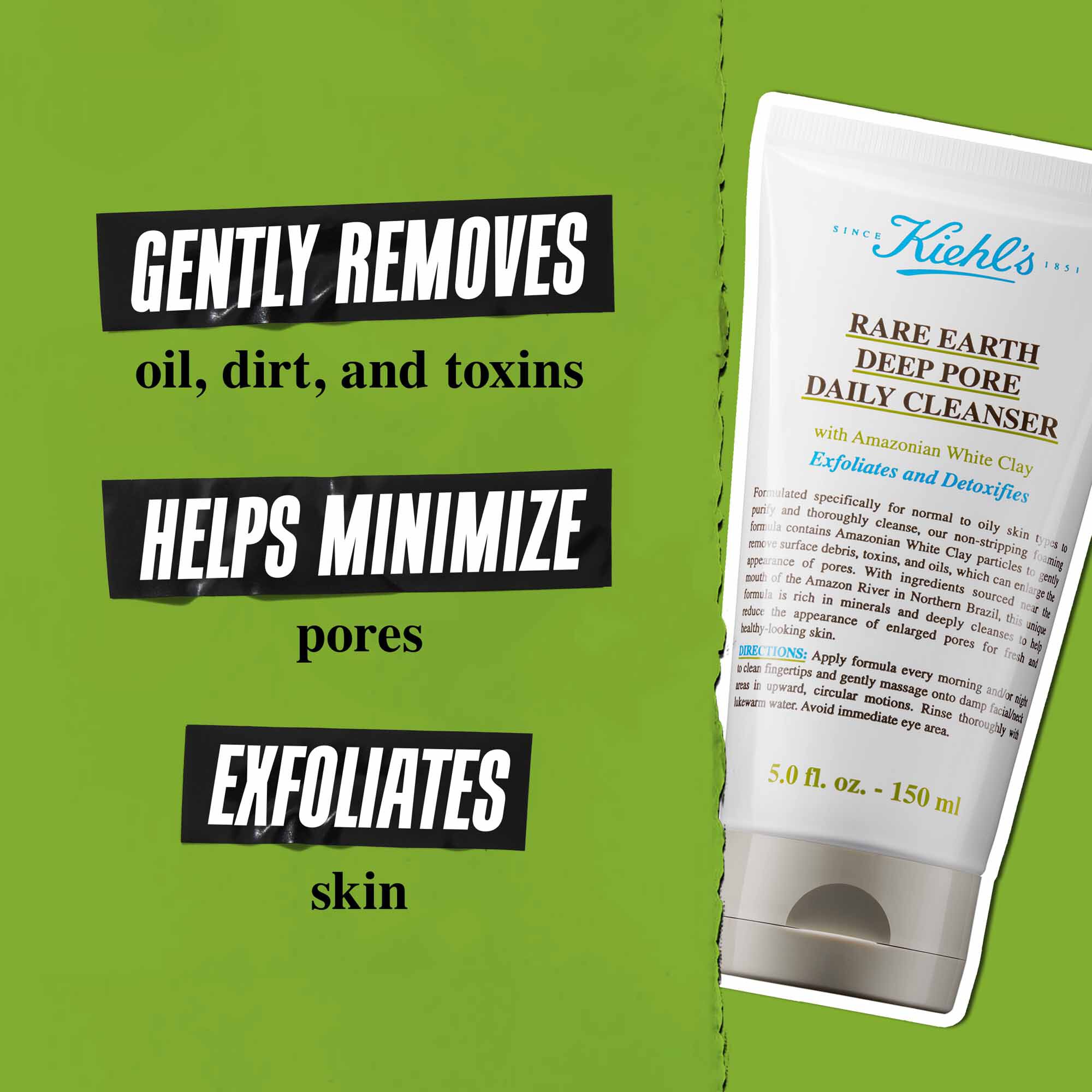 Een tube Rare Earth Deep Pore Daily Cleanser tegen een groene achtergrond met de tekst "Verwijdert zachtjes vuil, olie en gifstoffen. Houdt porien geminimaliseerd. Exfolieert en reinigt de huid diep."