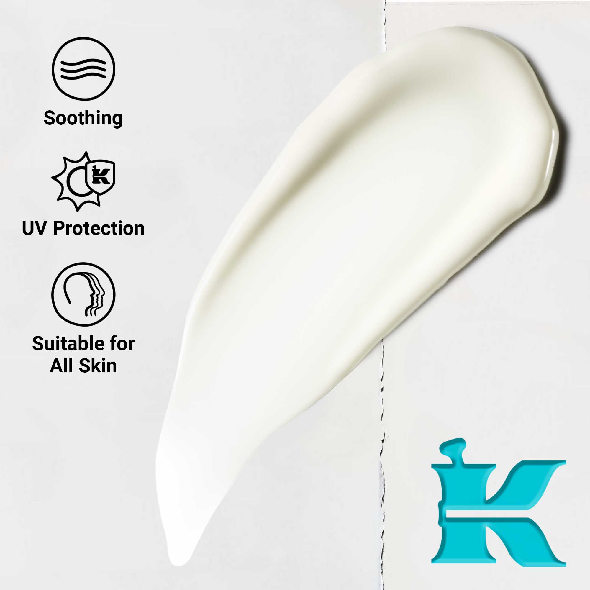 Close-up van de Ultra Light Daily UV Defense Aqua Gel textuur die een lichtgewicht, romige formule toont. Tekst benadrukt kalmerende en UV-beschermende voordelen, geschikt voor alle huidtypes.