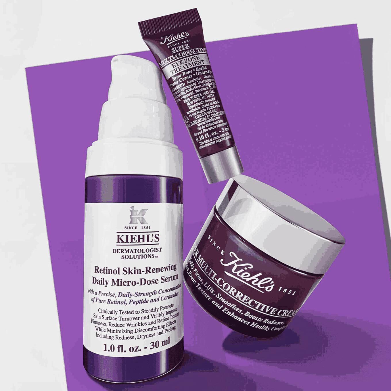 Kiehl's "Age-Less Experts" anti-aging set voor gezicht en oog, met een retinolserum, oogbehandeling en een multi-corrigerende creme.