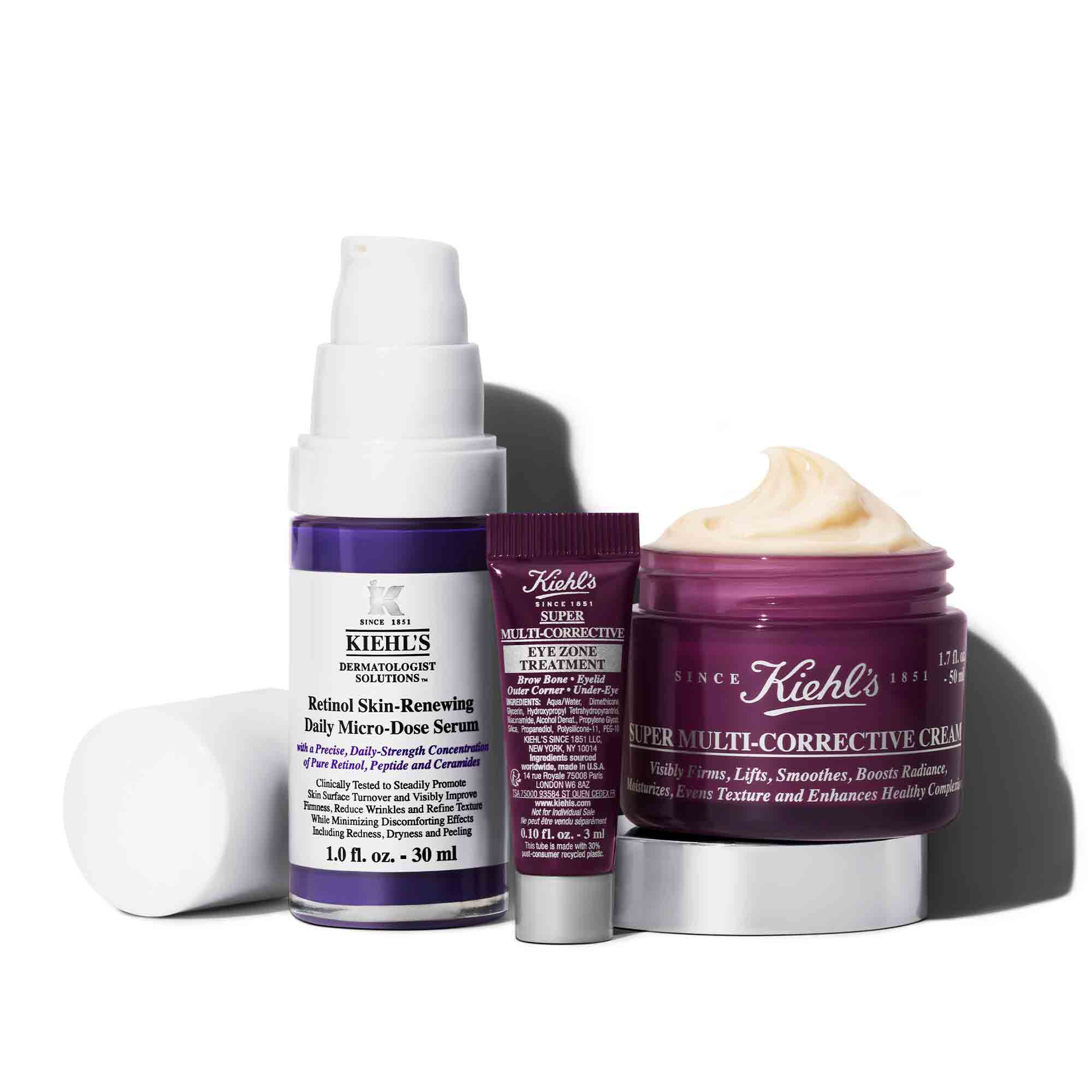 Kiehl's anti-aging set met retinolserum, oogcreme en multi-corrigerende creme, geadverteerd met promotieprijzen en prijskwaliteit.