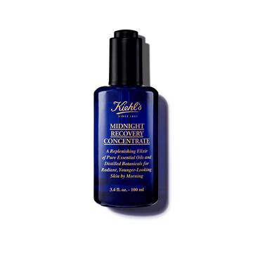Een fles van 30 ml Kiehl's Midnight Recovery Concentrate gezichtsolie tegen een witte achtergrond.