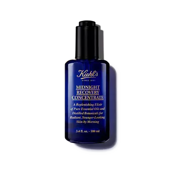 Een fles van 30 ml Kiehl's Midnight Recovery Concentrate gezichtsolie tegen een witte achtergrond.
