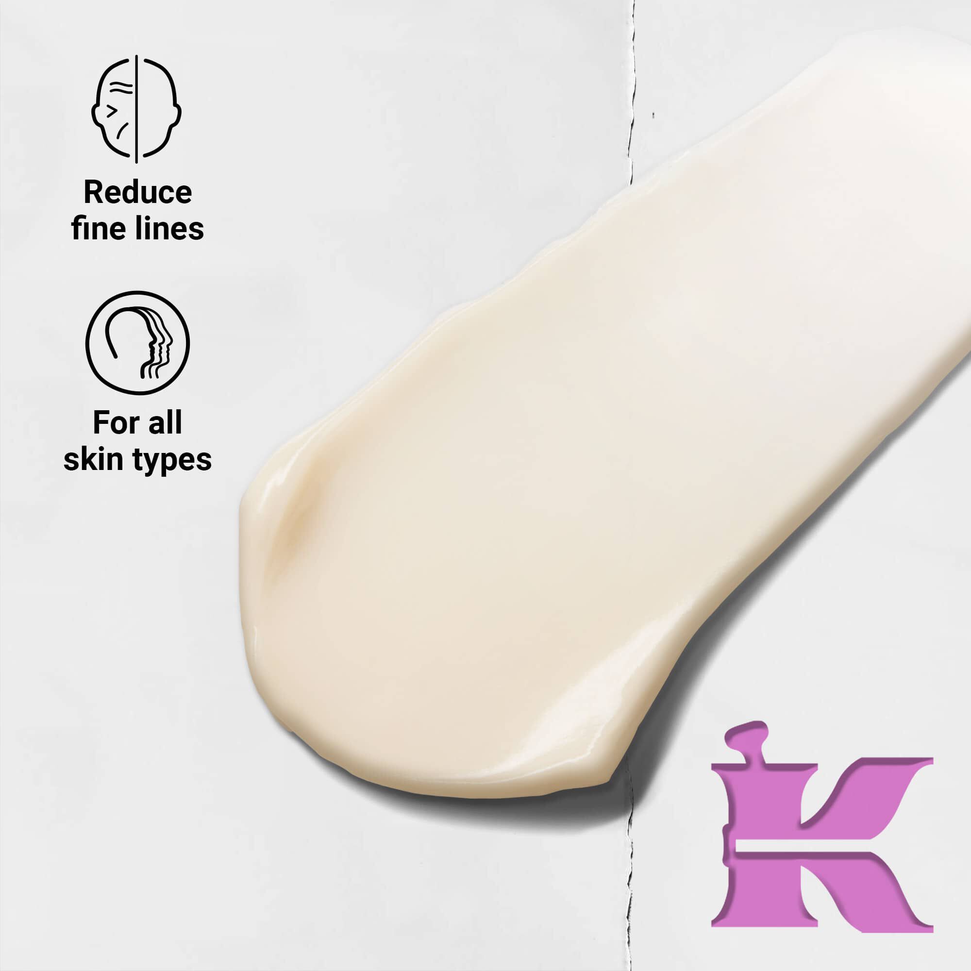 Foto van de textuur met iconen: vermindert fijne lijntjes en is geformuleerd voor alle huidtypes