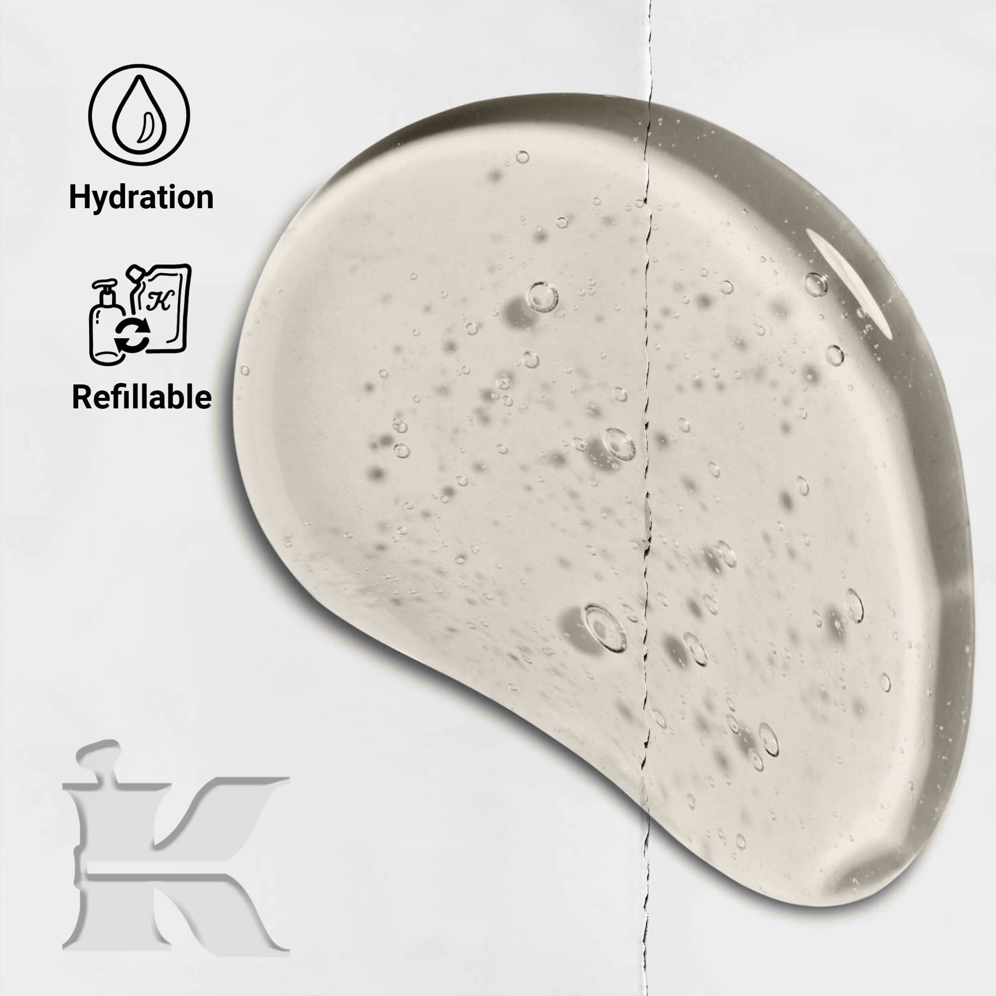 Foto van de textuur van Amino Acid Shampoo met pictogrammen die aangeven dat het navulbaar is en hydratatie biedt