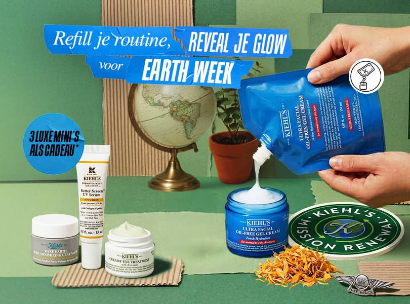 Groene achtergrond met Kiehl's duurzame producten, een refill logo, globe en bomen. Afbeelding van Rare Earth masker, Avocado oogcrème en UV-bescherming als cadeau.