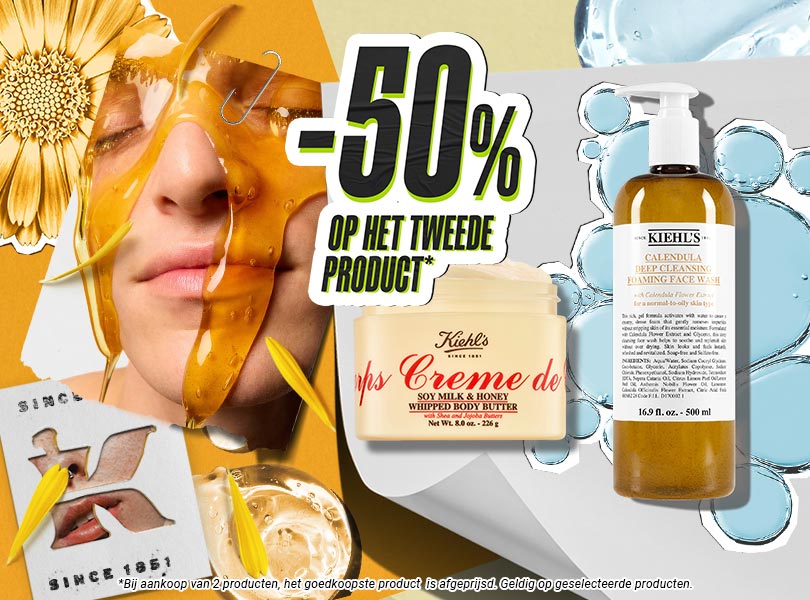 Een flat lay-afbeelding met Kiehl's huidverzorgingsproducten, fleurige bloemen en een promotieaanbieding van 50% korting op het tweede product.