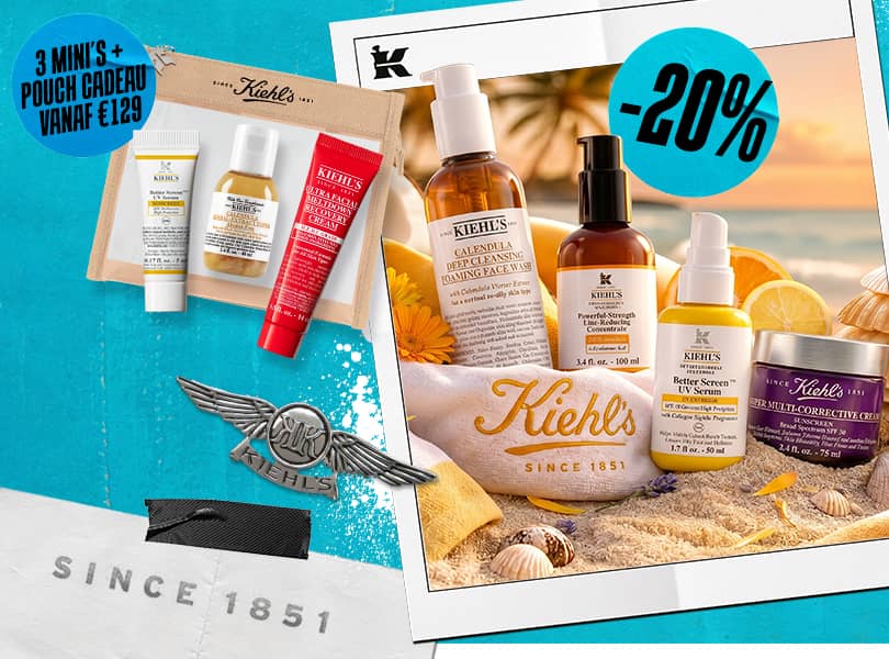 Een zomerse promotiebanner van Kiehl's met de titel 'Vos Secrets de Beauté pour l'été'.
