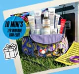 Kleurrijke reistas gevuld met 10 Kiehl's mini's in een festivalthema.